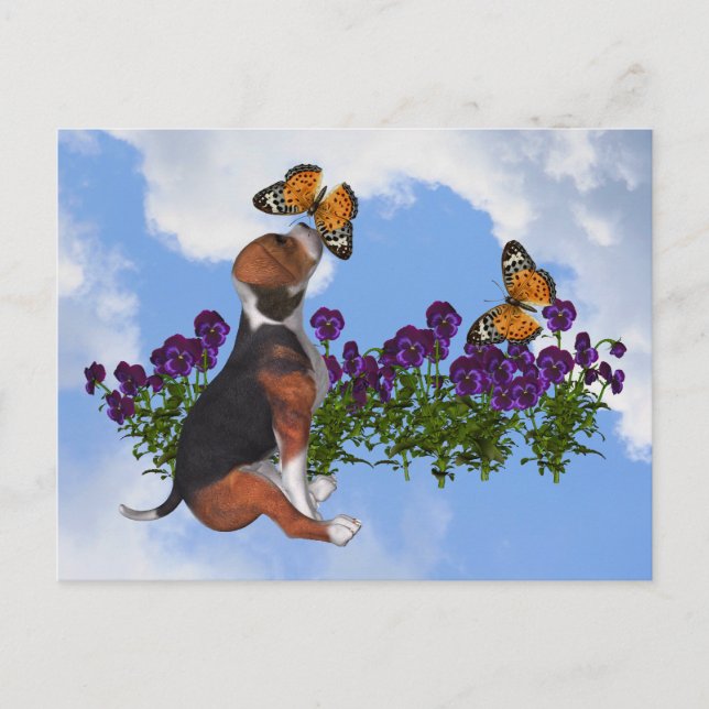 Postal Beagle Butterflies Pansies Cute Dog Postcard (Anverso)