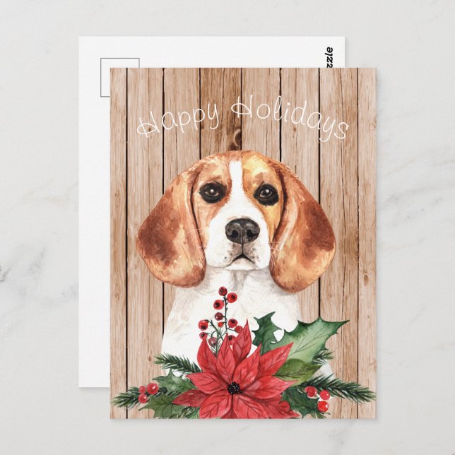 Postal Beagle color de agua y Bouquet Navidades (Anverso / Reverso)