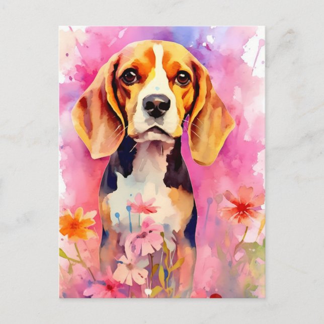 Postal Beagle con flores (Anverso)