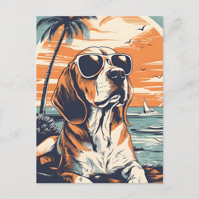 Postal Beagle con gafas de sol en la playa (Anverso)