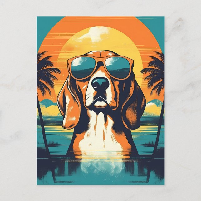Postal Beagle con gafas de sol en una playa tropical (Anverso)