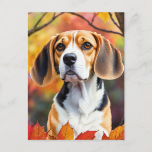 Postal Beagle con hojas de otoño arte otoñal