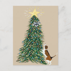 Postal Beagle Con Mapache En El Árbol