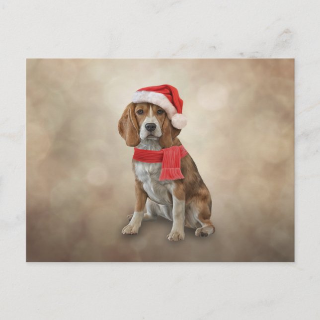 Postal Beagle de perro en gorra rojo de Santa Claus (Anverso)
