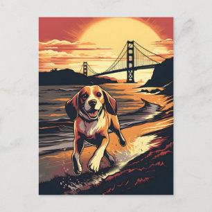 Postal Beagle en el puente Golden Gate durante la puesta