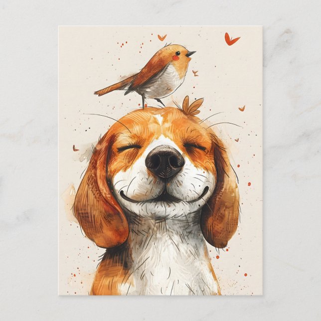 Postal Beagle lindo con un pájaro en la cabeza pintado (Anverso)