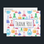 Postal Beakers and Flask Science Pattern Gracias<br><div class="desc">Gracias postal con un patrón divertido y colorido. Los investigadores científicos vivirán con vasos y frascos de diferentes formas y tamaños en colores alegres y brillantes.</div>
