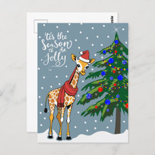 Postal Beanie de jirafa y bufanda con árbol de Navidad