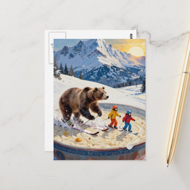 Postal bear and kids ski in a bowl of porridge  (Anverso/Reverso In Situ)