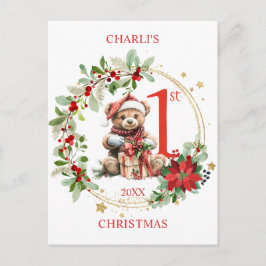 Postal Bear Poinsettia Foliage la primera Navidad del beb