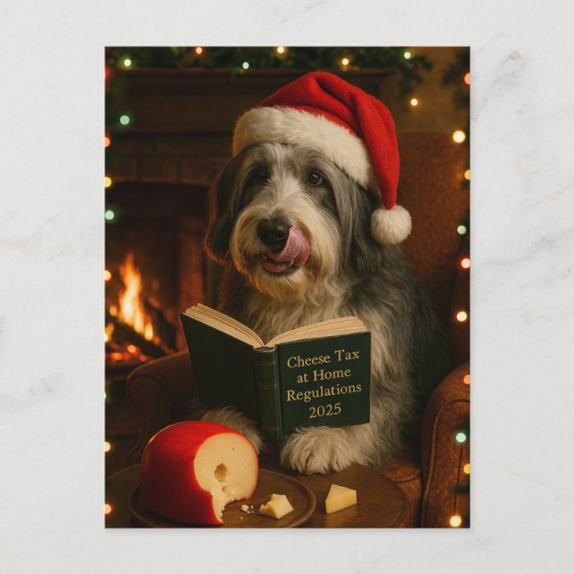 Postal Bearded collie 'Cheese Tax' Christmas postcard (Anverso)