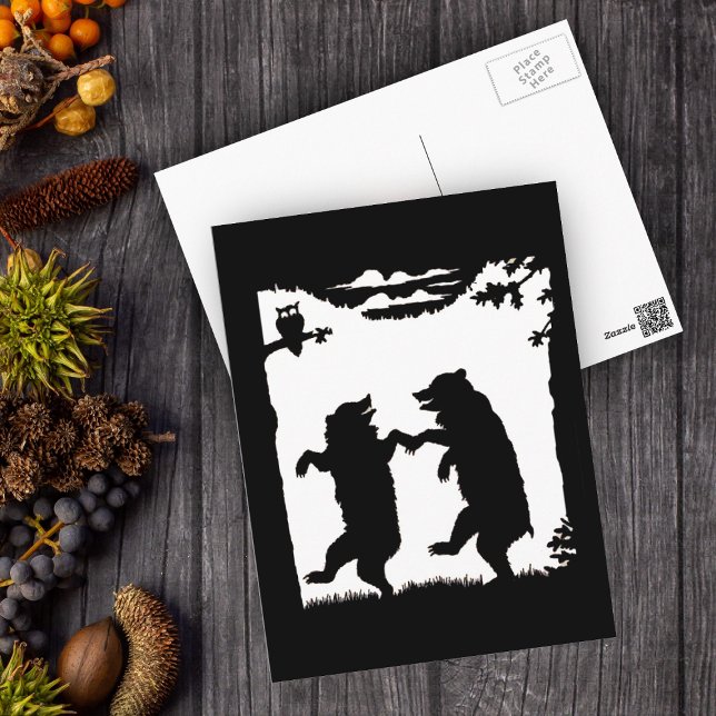 Postal Bears Black Silhouette (Two black silhouette dancing bears in woods owl in tree on postcard.)