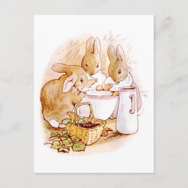 Postal Beatrix Potter, conejos, tazón y jarra de leche (Anverso)