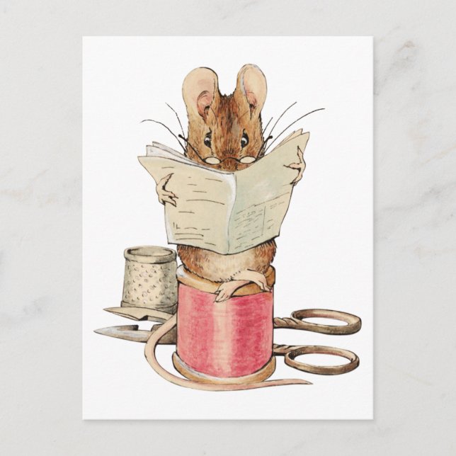 Postal Beatrix Potter, periódico de lectura de ratón (Anverso)