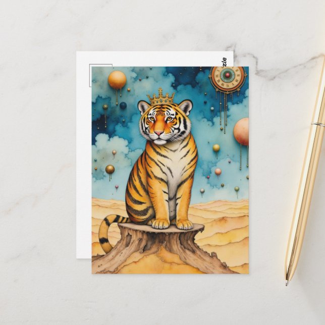 Postal Beautiful Cute Tiger in a Gold Crown (Anverso/Reverso In Situ)