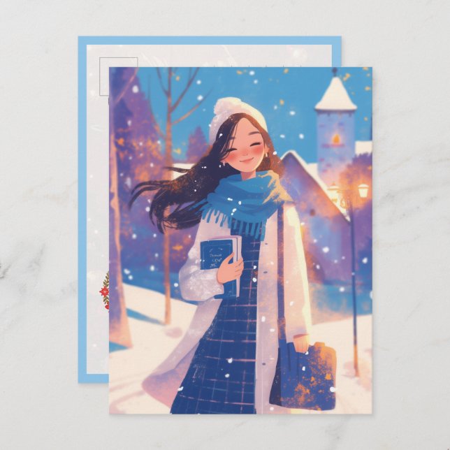 Postal Beautiful Girl Walking on Winter Street (Anverso / Reverso)