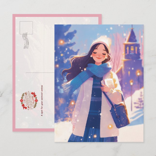 Postal Beautiful Girl Walking on Winter Street (Anverso / Reverso)