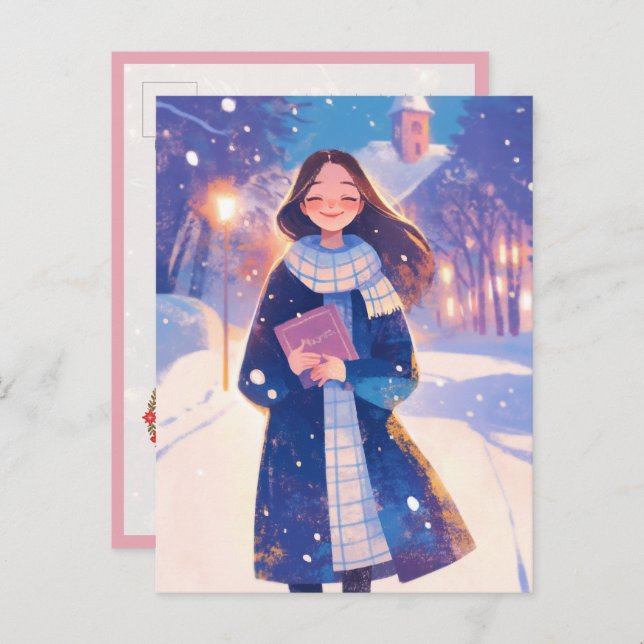 Postal Beautiful Girl Walking on Winter Street (Anverso / Reverso)