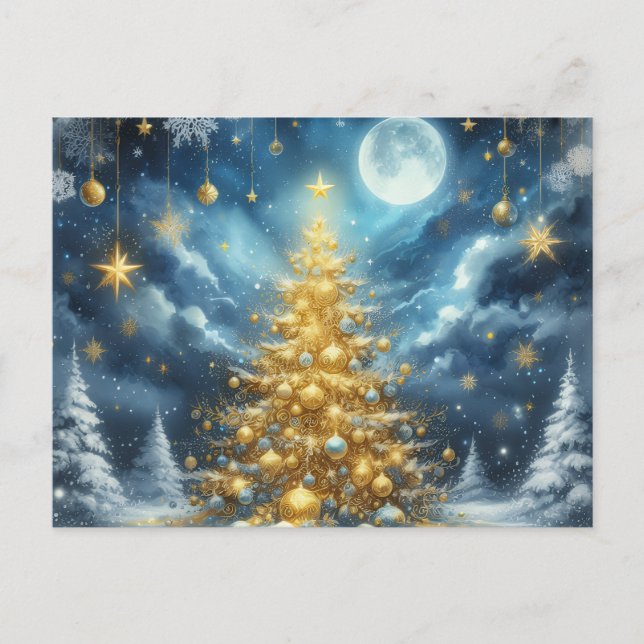 Postal Beautiful golden Christmas tree blue (Anverso)