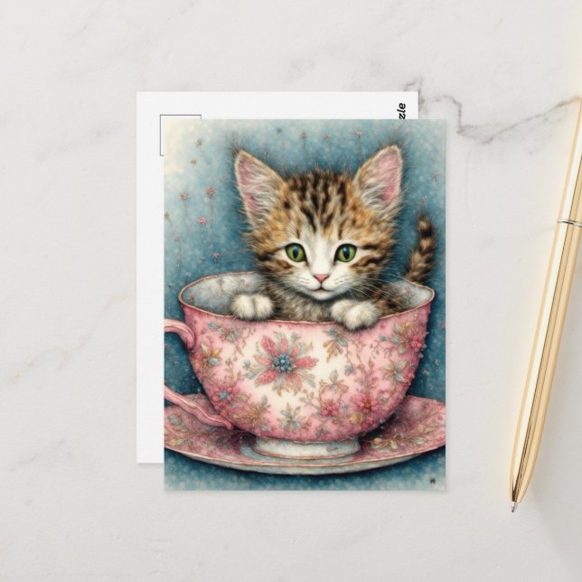Postal Beautiful kitten in a teacup  (Anverso/Reverso In Situ)