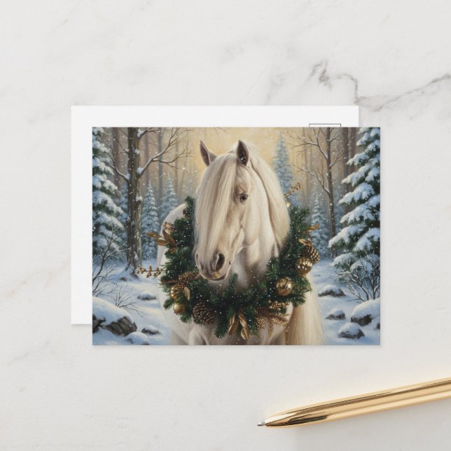 Postal Beautiful Palomino Horse Winter Forest Christmas (Anverso/Reverso In Situ)