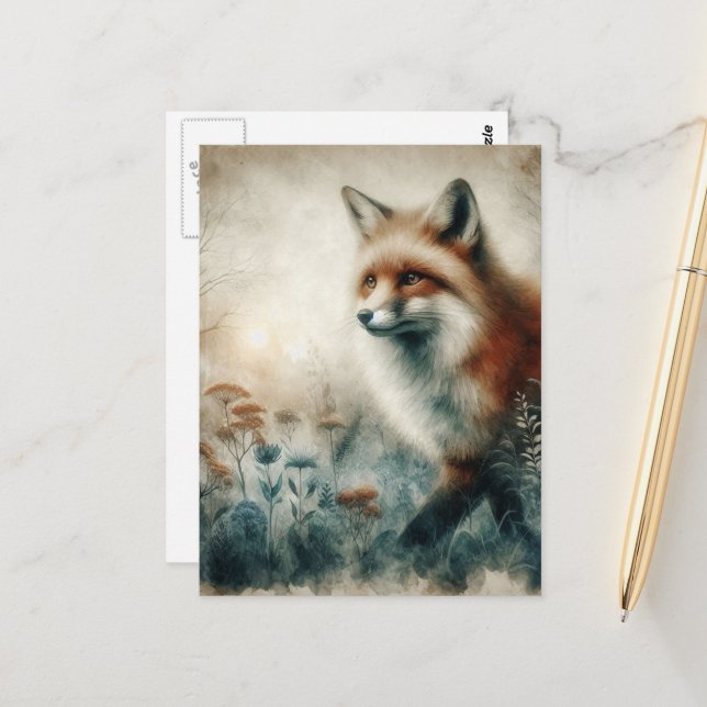 Postal Beautiful Red Fox Watercolor (Anverso/Reverso In Situ)