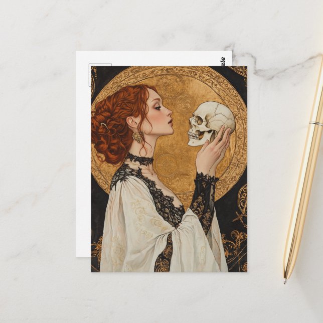 Postal Beautiful Red haired Goddess Woman With a Skull (Anverso/Reverso In Situ)