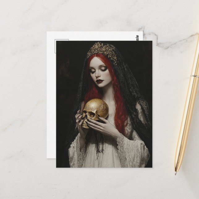 Postal Beautiful Red Haired Woman With a Skull (Anverso/Reverso In Situ)