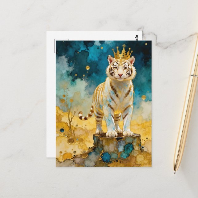 Postal Beautiful White Tiger in a Gold Crown (Anverso/Reverso In Situ)