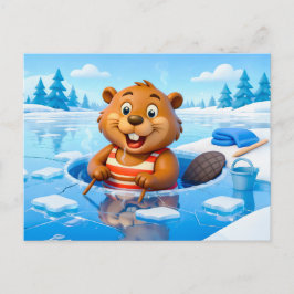 Postal Beaver Ice Bathing in a Striped Swimsuit