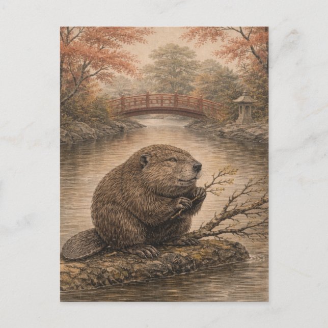Postal Beaver Japanese Landscape Postcard (Anverso)