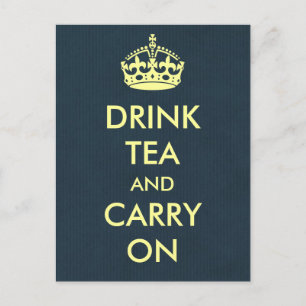 Postal Beba té y lleva sobre papel azul natural de Kraft