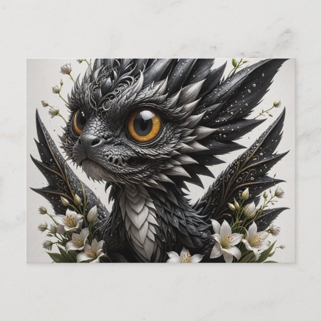 Postal Bebé Adorable Dragón negro Flores blancas (Anverso)