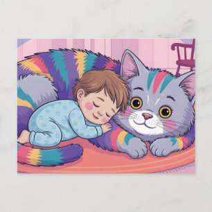 Postal Bebé Adorable Durmiendo sobre un Gato Esponjoso y