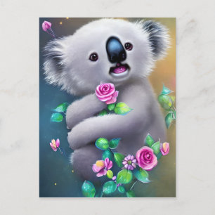 Postal Bebé adorable Koala Oso con flores