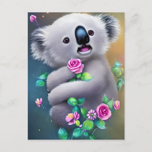 Postal Bebé adorable Koala Oso con flores (Anverso)