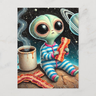 Postal bebé alien comiendo tocino