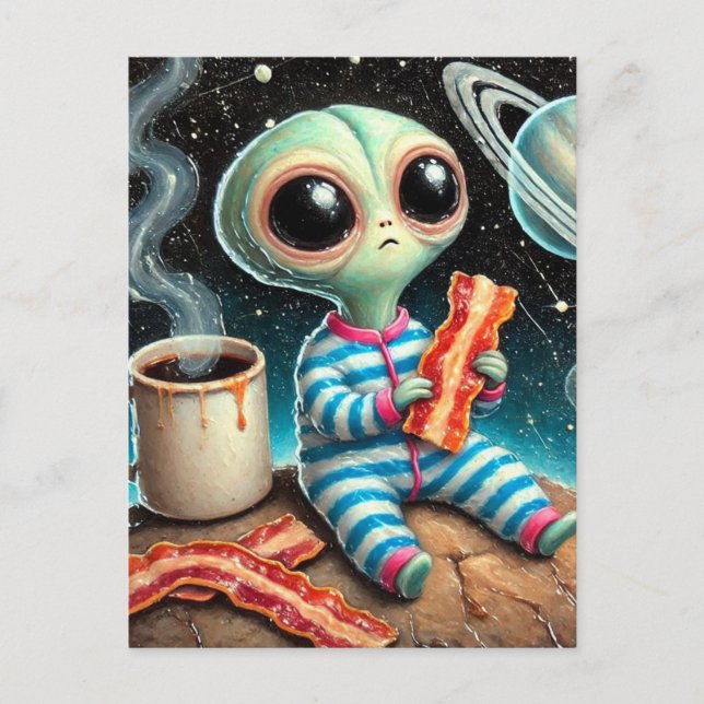 Postal bebé alien comiendo tocino (Anverso)