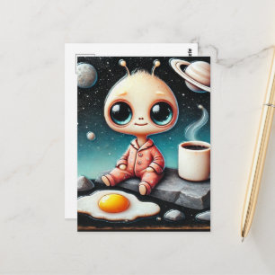 Postal Bebé Alien con Café y Huevo