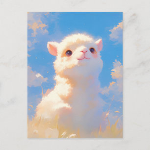 Postal Bebé Alpaca Blanco Esponjoso en Cielo Azul Soleado
