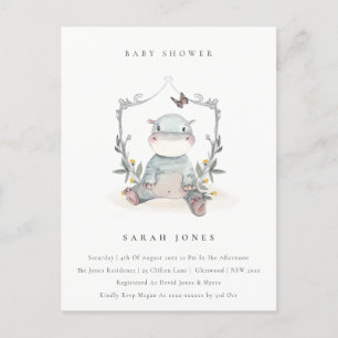 Postal Bebé amarillo lindo Hippo Foliage Baby Shower