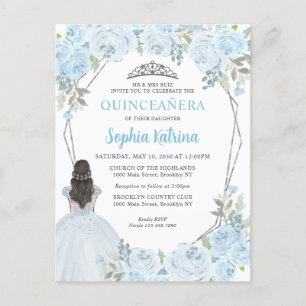Postal Bebé claro Plata Azul Floral Princesa Quinceañera