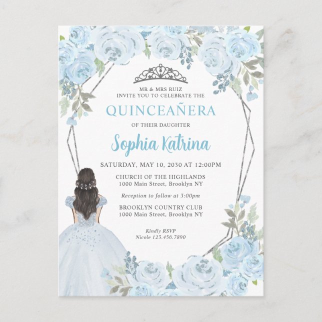 Postal Bebé claro Plata Azul Floral Princesa Quinceañera (Anverso)