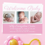 Postal Bebé de bienvenida joven foto-rosa<br><div class="desc">Bienvenida,  bebé. Una tarjeta postal con el anuncio de un nacimiento de una bebé de color rosa con una hermosa tipografía cursiva encima de su collage de fotografías de recién nacidos.</div>