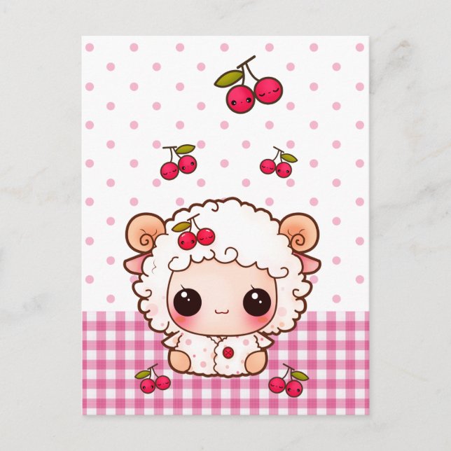 Postal Bebé de oveja con cerezas de kawaii (Anverso)