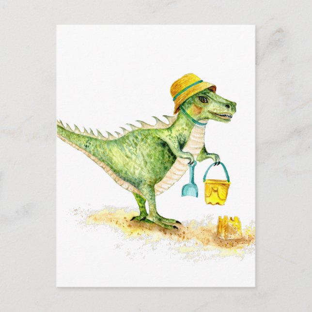 Postal Bebé Dinosaurio T-Rex en la Playa (Anverso)