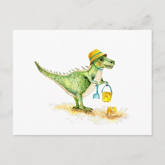 Postal Bebé Dinosaurio T-Rex en la Playa (Anverso)