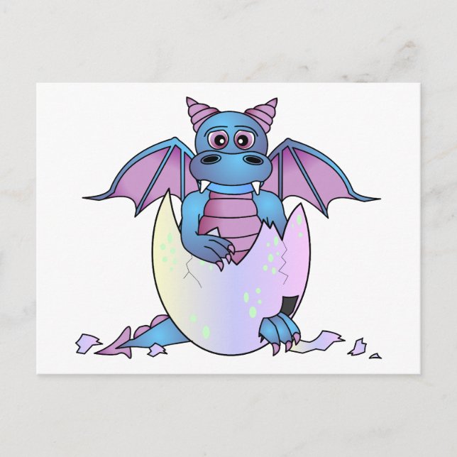 Postal Bebé Dragón Cute en Huevo Crackeado - Azul / Púrpu (Anverso)