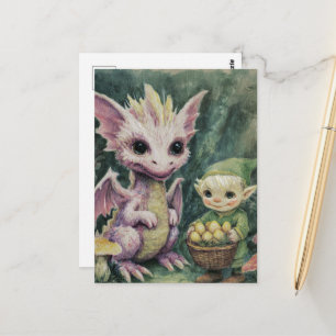 Postal Bebé Dragón Púrpura Adorable y Elfo con Huevos