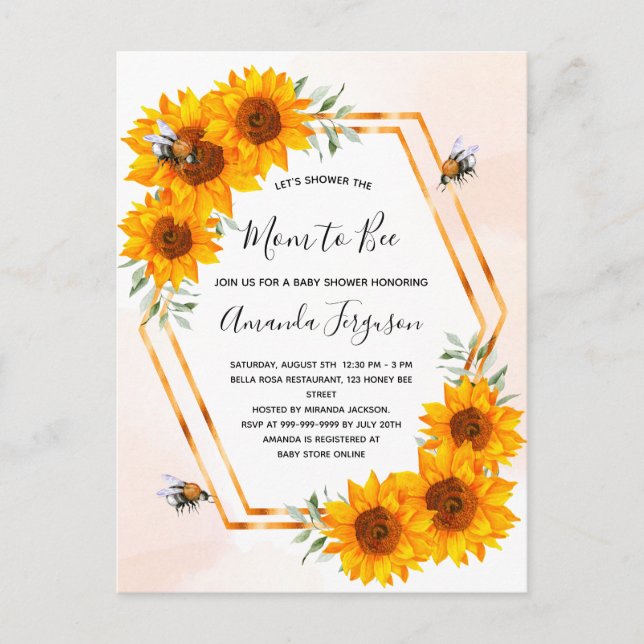Postal Bebé ducha girasoles oro rosa blanco (Anverso)